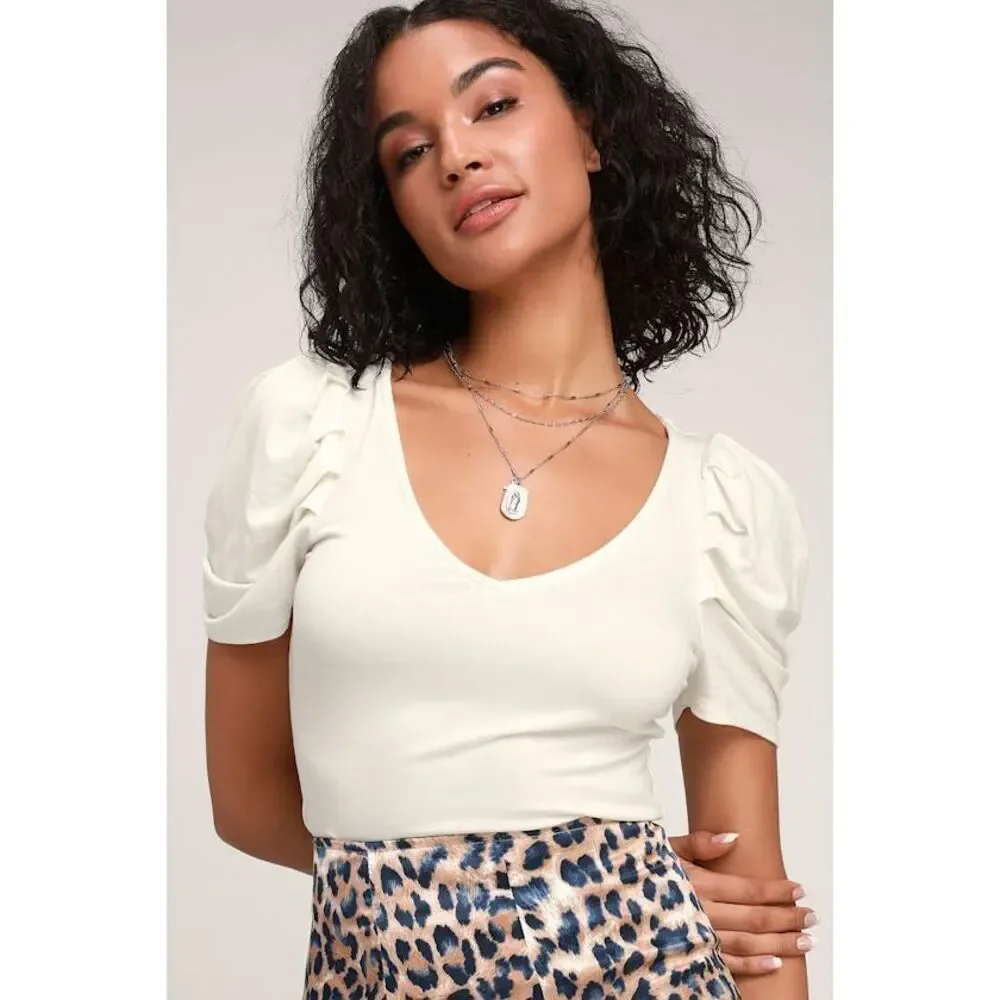 TWO Lulus Esme White Puff Sleeve Tops - Picture 3 of 7